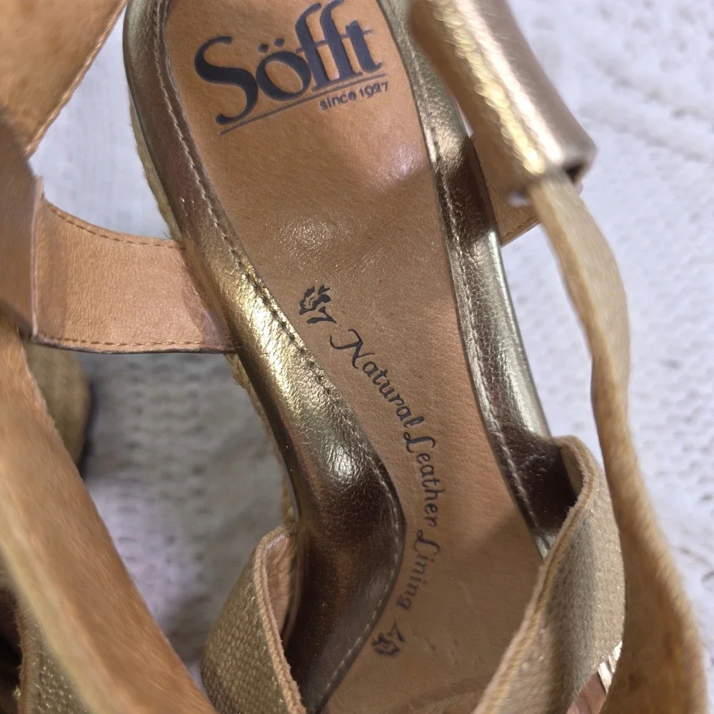 Sofft Mirabelle Wedge Sandal Gold Metallic Espadrille Womens 7M Excellent‎
